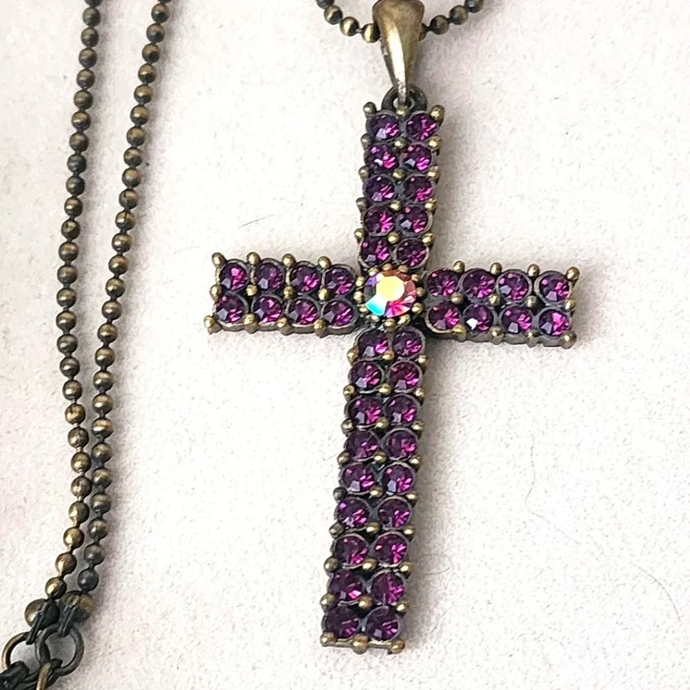 Brass Purple Crystal Cross Pendant on 18